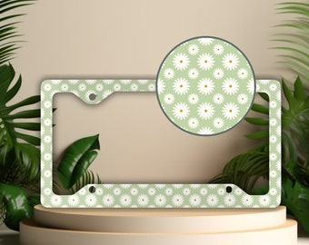 Daisy License Plate Frame, Floral Vanity Tag Holder, Cute Car Accessories, Flower License Plate Cover, Girly Green License Plate Frame