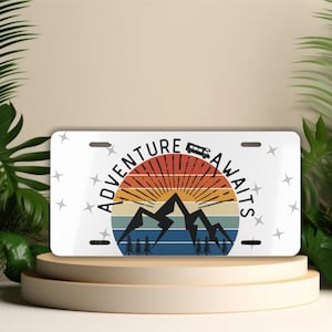 Retro Mountain License Plate: Adventure Awaits RV Car Tag