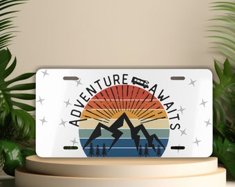 Retro Mountain Front License Plate, Adventure Awaits RV Vanity Car Tag, Hiking, Camping, Explore More, Travel Gifts for Camper, Wanderlust