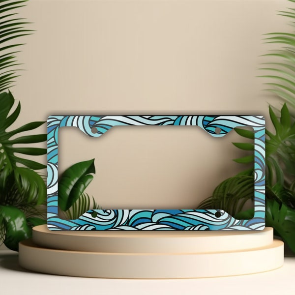Black Ocean Wave License Plate Frame: Beachy Car Decor
