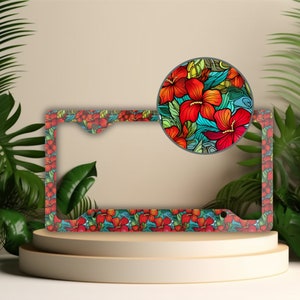 Stained Glass Hibiscus Aluminum License Plate Frame: Tropical Car Decor