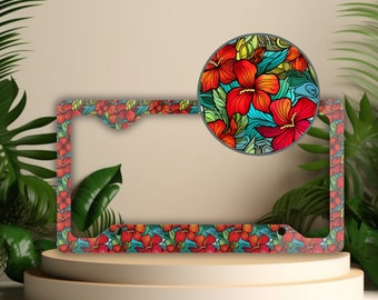 Stained Glass Hibiscus License Plate Frame, Tropical Car Decor