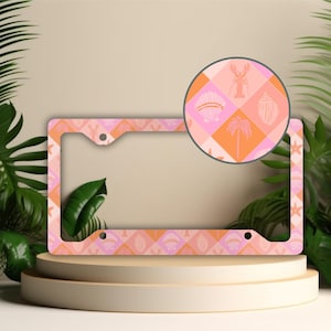 Preppy Summer License Plate Frame, Colorful Car Decor for Women, Beachy Car Accessories for Teen Girls, Seashell Vanity Tag Holder