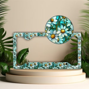Stained Glass Daisy License Plate Frame: Floral Car Decor