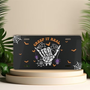 Creep It Real Funny Front License Plate, Pastel Goth Car Decor, Spooky Horror Lover Car Tag, Bats and Spider Web Vanity Tag, Skeleton Hand