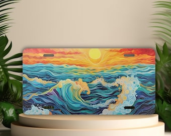 Stained Glass Ocean Sunset License Plate: Beachy Car Decor