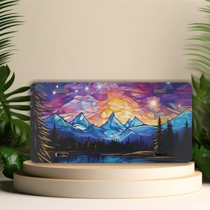 Stained Glass Mountains License Plate: RV Camper Decor