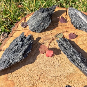 Pu&ograve; includere: Quattro pezzi di cristalli minerali naturali, grezzi e ruvidi, di colore nero e irregolari, su una superficie di legno. I cristalli sono disposti in cerchio con alcune foglie rosse e verdi sparse intorno.
