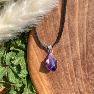 Può includere: Una collana con pendente in cristallo di ametista grezza. Il pendente è di colore viola scuro ed è sospeso a un cordino nero. La collana è esposta su una superficie di legno con fogliame verde e accenti bianchi e soffici sullo sfondo.