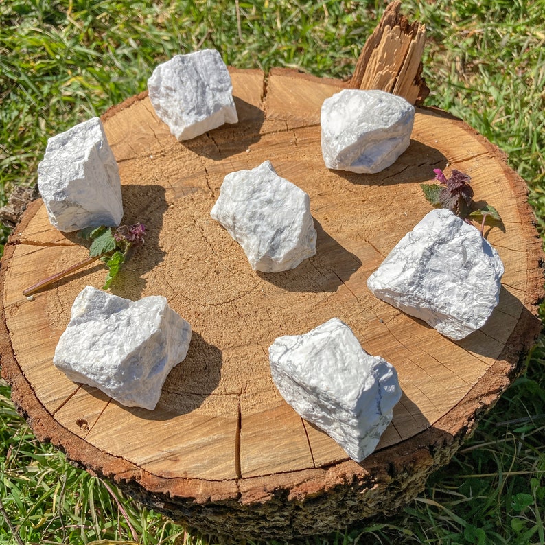 K&ouml;nnte beinhalten: Sieben wei&szlig;e Selenitkristalle, die in einem Kreis auf einem Holzscheit angeordnet sind. Die Kristalle sind in verschiedenen Gr&ouml;&szlig;en und Formen, mit einer nat&uuml;rlichen, rauen Textur.