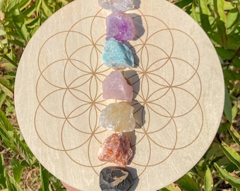 Raw 7 Chakra Stones + Flower of Life Wood Grid / Rough Seven Chakra Crystals Set / Chakra Balancing Bundle / Cleansing Gemstones