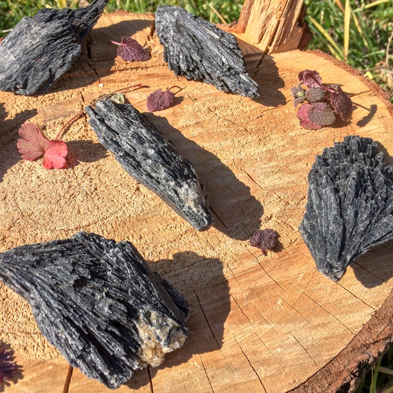 Pu&ograve; includere: Una collezione di cristalli di turmalina nera grezza e non lucidata su una superficie di legno. I cristalli sono di varie dimensioni e forme, alcuni hanno una punta appuntita e altri hanno una superficie piatta.