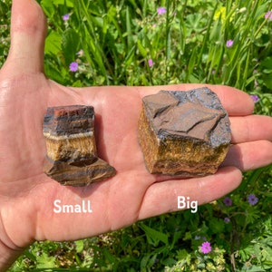 May include: Two pieces of tiger's eye, one small and one large, are shown in a hand. The smaller piece is brown with gold and red stripes. The larger piece is brown with gold stripes. The text "Small" is below the smaller piece and the text "Big" is below the larger piece.