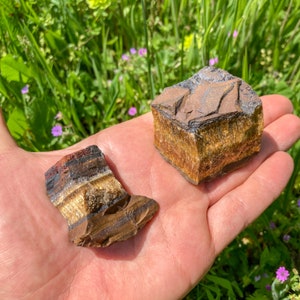 May include: Two pieces of tiger's eye gemstone. One is a rough, rectangular piece with a brown, gold, and black color pattern. The other is a smaller, irregularly shaped piece with a similar color pattern.