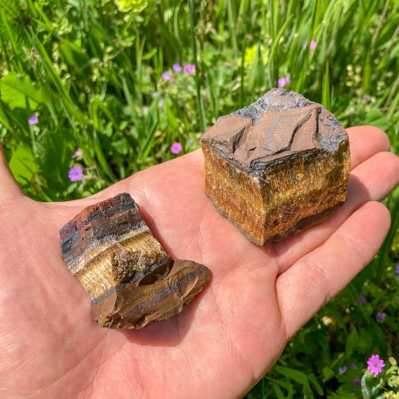 May include: Two pieces of tiger's eye gemstone. One is a rough, rectangular piece with a brown, gold, and black color pattern. The other is a smaller, irregularly shaped piece with a similar color pattern.