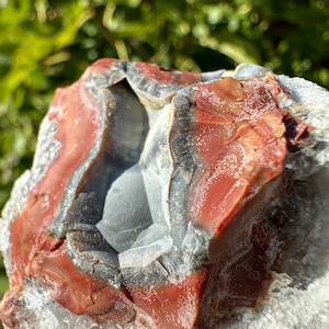 May include: A raw mineral specimen featuring a central cavity lined with smooth, light gray crystalline structures. The surrounding rock displays layers of deep red, rust-colored, and dark gray stone with a rough, textured exterior surface.