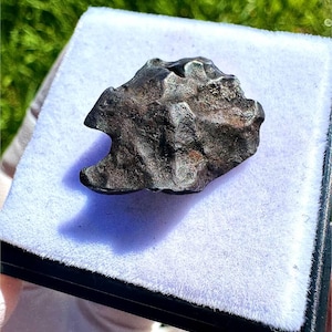 May include: A dark, metallic meteorite fragment with a rugged, irregular surface texture and deep indentations. The specimen displays a charcoal-grey to brownish-black coloration with a dull, matte finish, resting on a light purple display pad.