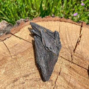 Pu&ograve; includere: Un ammasso di cristalli neri, di formazione naturale, con una forma appuntita e affilata. Il cristallo poggia su un pezzo di legno.