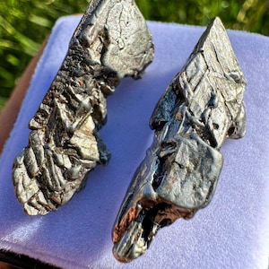 May include: Two irregularly shaped, metallic gray meteorites with textured surfaces. The meteorites are displayed on a light purple cloth, with green foliage in the background. The objects have a rough, uneven appearance.