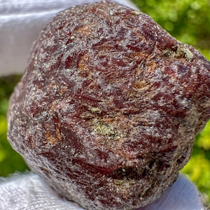 Puede incluir: Primer plano de una gema rugosa de color marrón rojizo con una superficie texturizada. La piedra tiene áreas de color marrón claro y toques de verde. La gema se sostiene en una mano enguantada de blanco, con un fondo verde borroso.