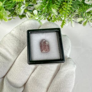Peut inclure: Un petit cristal brut de couleur rose poussiéreux présenté dans une boîte de présentation carrée en plastique noir avec un insert en mousse blanche. Le cristal a une forme hexagonale naturelle, non polie et légèrement allongée.