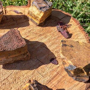 May include: A collection of tiger's eye stones on a wooden surface. The stones are various shades of brown, gold, and black. Some of the stones have a natural, rough texture, while others are polished and smooth.