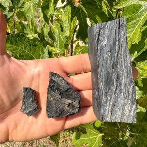 以下が含まれることがあります： 保護クリスタルである、3つの生の黒トルマリンの破片が表示されています。最大の破片は、長く、質感のある長方形です。他の2つは、より小さく、不規則な形の破片です。石は緑の葉の背景に対して保持されています。