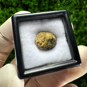 May include: A small, irregularly shaped, olive-green rock specimen displayed in a black square frame with a white interior. The rock has a rough, textured surface with hints of brown and dark green.