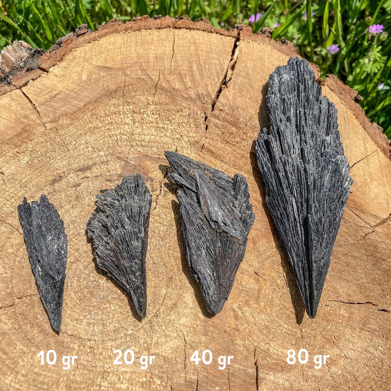 Pu&ograve; includere: Quattro gruppi di cristalli neri grezzi non lucidati di diverse dimensioni su una superficie di legno. I gruppi sono etichettati con il loro peso in grammi: 10 gr, 20 gr, 40 gr e 80 gr.