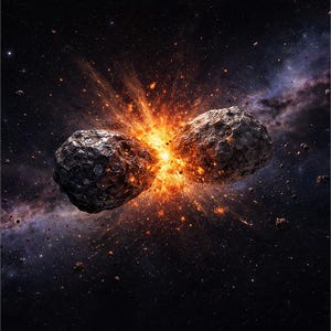May include: Two large, dark, cratered asteroids colliding in deep space, creating a bright orange and yellow explosion at the point of impact. Debris and smaller rock fragments scatter outward into the surrounding dark, starry cosmic void.