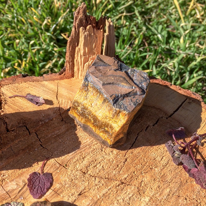 May include: A large, rough-cut tiger's eye gemstone with brown and gold stripes. The stone is sitting on a piece of weathered wood.
