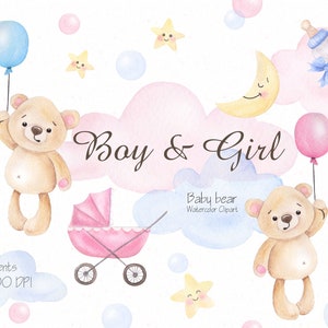 Bebé niño y niña acuarela Clip Art, Oso, Decoración de la guardería, Kids Clipart, Clip Art pintado a mano