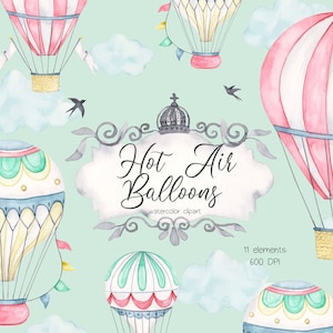 Watercolor Hot Air Balloon Clipart, Nursery Decor, Vintage, Printable Art