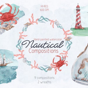 Watercolor Nautical Compositions, Beautiful Sea Cretures, Lighthouse, Whale, Ship, Crab, Seahorse