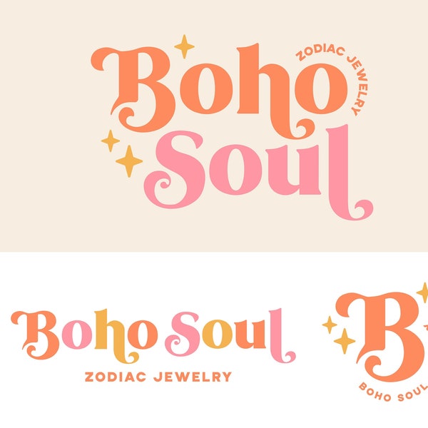Boho Logo Branding Kit Canva Template - DIY Editable Retro Logo Design - Colorful Branding Kit - Modern Bright Small Business Logo Package