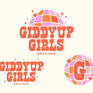 Editable Canva Logo Template - Retro Disco Ball Logo - DIY Fun Colorful Cowgirl Logo - Funky Groovy Branding Kit - Preppy Boutique Logo