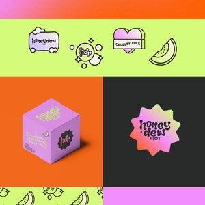 May include: A branding kit featuring the text Honeydew Riot in a wavy font, icons of a melon slice, a heart labeled Cruelty Free, and bubbles. Includes a purple cube box, a star-shaped sticker, a repeating pattern, and an orange rectangular box.