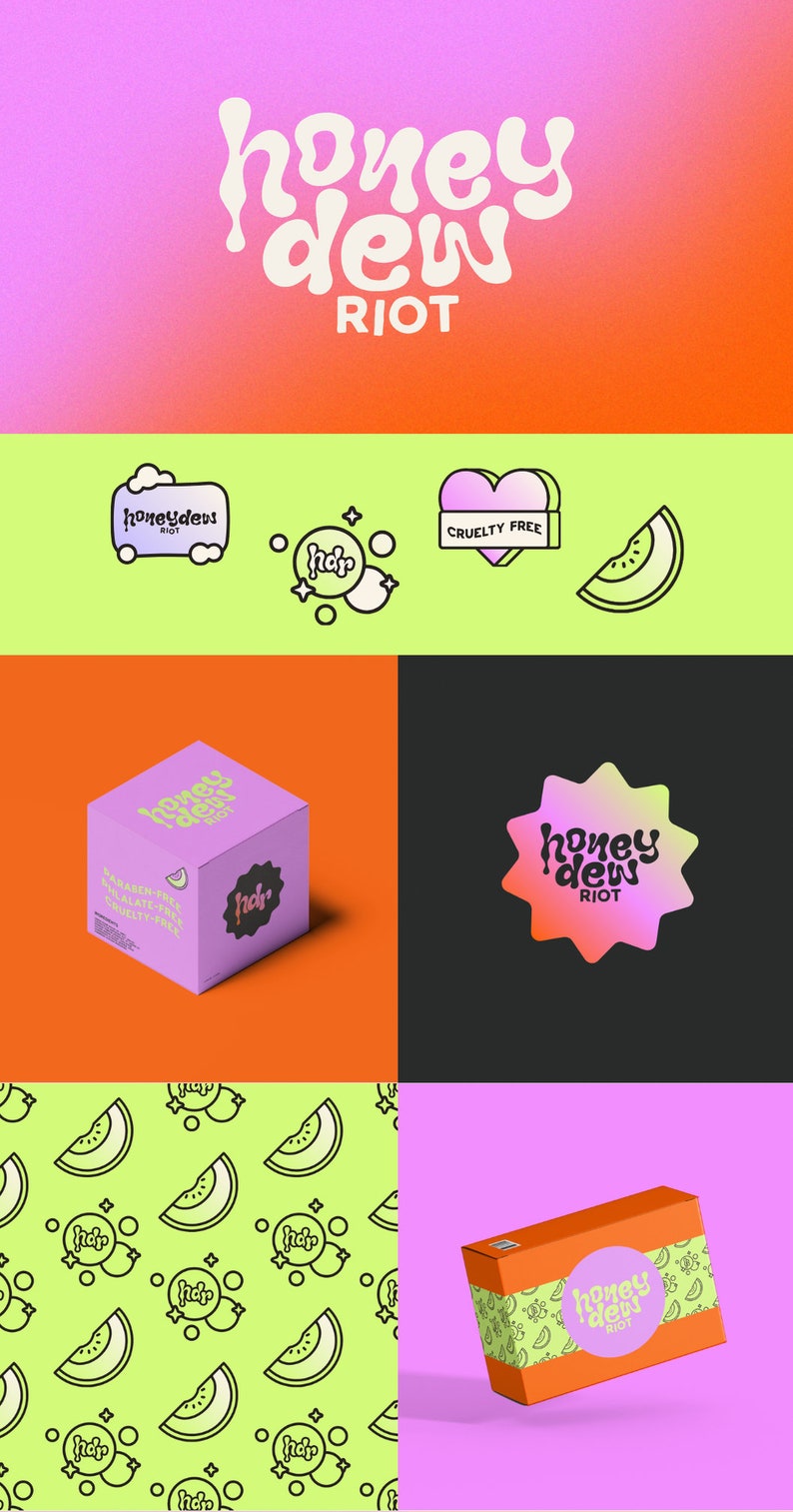 May include: A branding kit featuring the text Honeydew Riot in a wavy font, icons of a melon slice, a heart labeled Cruelty Free, and bubbles. Includes a purple cube box, a star-shaped sticker, a repeating pattern, and an orange rectangular box.