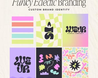 May include: A graphic design display titled Funky Eclectic Branding Custom Brand Identity featuring a color palette, a candle logo on a checkered background, the Lueur Candle Company logo, abstract shapes, and a starburst icon with text.