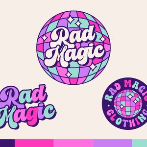 Editable Retro Disco Ball Logo Template Canva - DIY Boho Branding Kit - Fun Colorful Logo Design - Bright Boutique Shop Branding Board