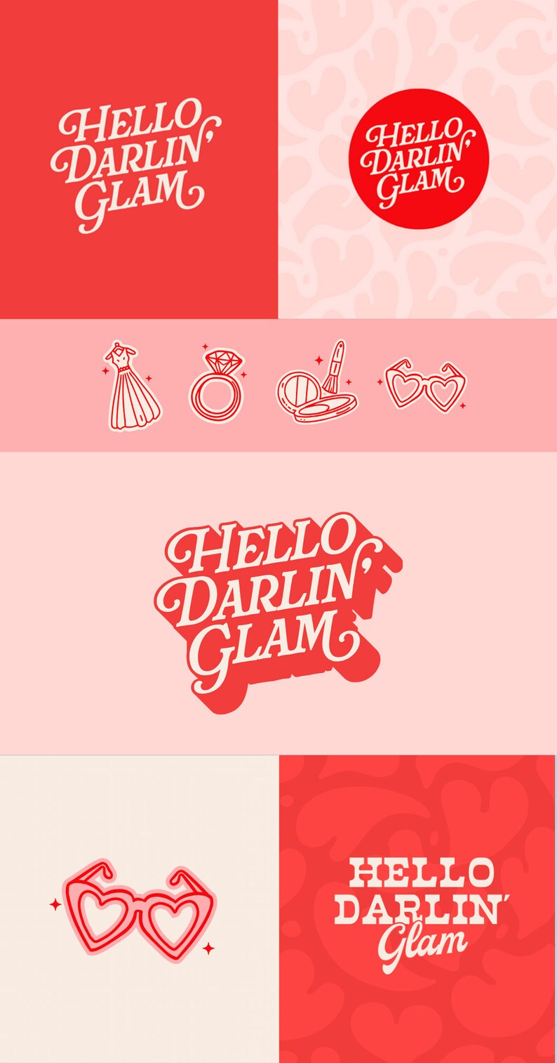 May include: A branding kit featuring the text HELLO DARLIN' GLAM in various red and pink layouts. Icons include a dress, a diamond ring, a makeup compact with a brush, and heart-shaped sunglasses, all rendered in a consistent line-art style.