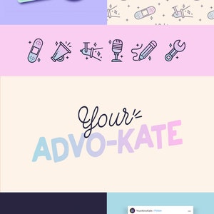 May include: A collection of branding assets featuring the text Your Advo-Kate, including stickers, a repeating pattern of icons like microphones and pencils, and a social media post mockup with a dark central box and placeholder text.