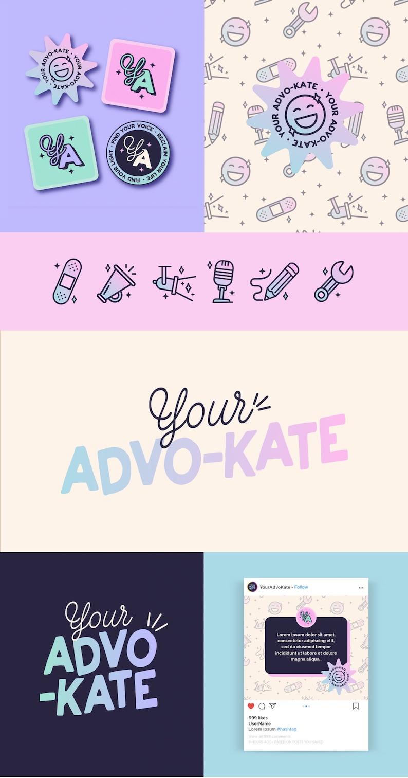 May include: A collection of branding assets featuring the text Your Advo-Kate, including stickers, a repeating pattern of icons like microphones and pencils, and a social media post mockup with a dark central box and placeholder text.
