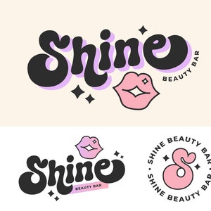 Beauty Logo Branding Kit Canva Template - DIY Editable Retro Logo Design - Playful Beautician Branding Kit - Bright Fun Makeup Lips Logo