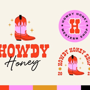 Editable Canva Logo Template - Retro Cowgirl Logo - DIY Fun Colorful Western Logo Design - Funky Groovy Branding Kit - Preppy Boutique Logo