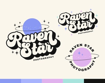 Cosmic Planet Logo Branding Kit Canva Template - DIY Editable Colorful Retro Logo Design - Celestial Moon Stars Boutique Personal Branding