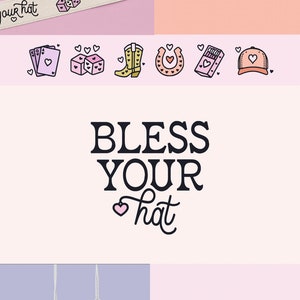 May include: A branding kit featuring the text Bless Your Hat with icons of a dog in a cowboy hat, dice, playing cards, boots, horseshoes, and matchboxes. The design includes ribbons, circular logos, and rectangular tags with a pink and purple palette.