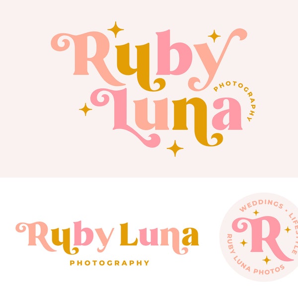 DIY Boho Logo Branding Kit Canva Template - Editable Retro Pink Logo - Colorful Branding - Modern Bright Shop Small Business Logo Package