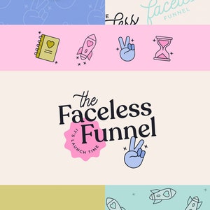 May include: A digital branding kit featuring the text The Faceless Funnel, rocket ship icons with heart windows, peace sign hand gestures, hourglasses, and spiral notebooks. The graphics appear in various color palettes including blue, pink, and tan.