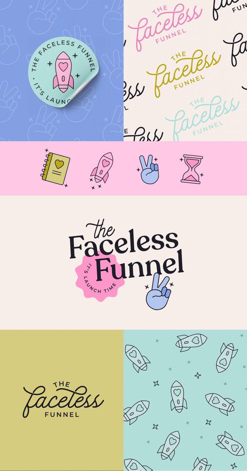 May include: A digital branding kit featuring the text The Faceless Funnel, rocket ship icons with heart windows, peace sign hand gestures, hourglasses, and spiral notebooks. The graphics appear in various color palettes including blue, pink, and tan.